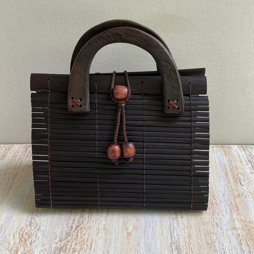 Vintage Dark Brown Bamboo Mini Bag with Wooden Bead Accent